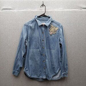 Mossimo Supply Co. Denim Shirt L Boyfriend Fit With Leopard Patch
